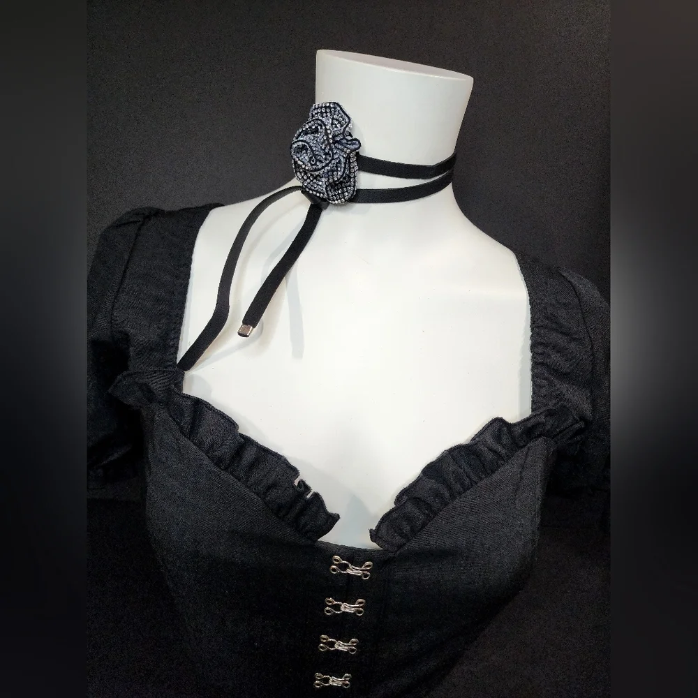 Black Rhinstone Rose Long Wrap Choker Necklace